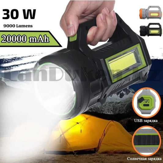 High Power Waterproof Search Light 30W Led, 20000 MAH Battery+Solar System With Lithium Battery
